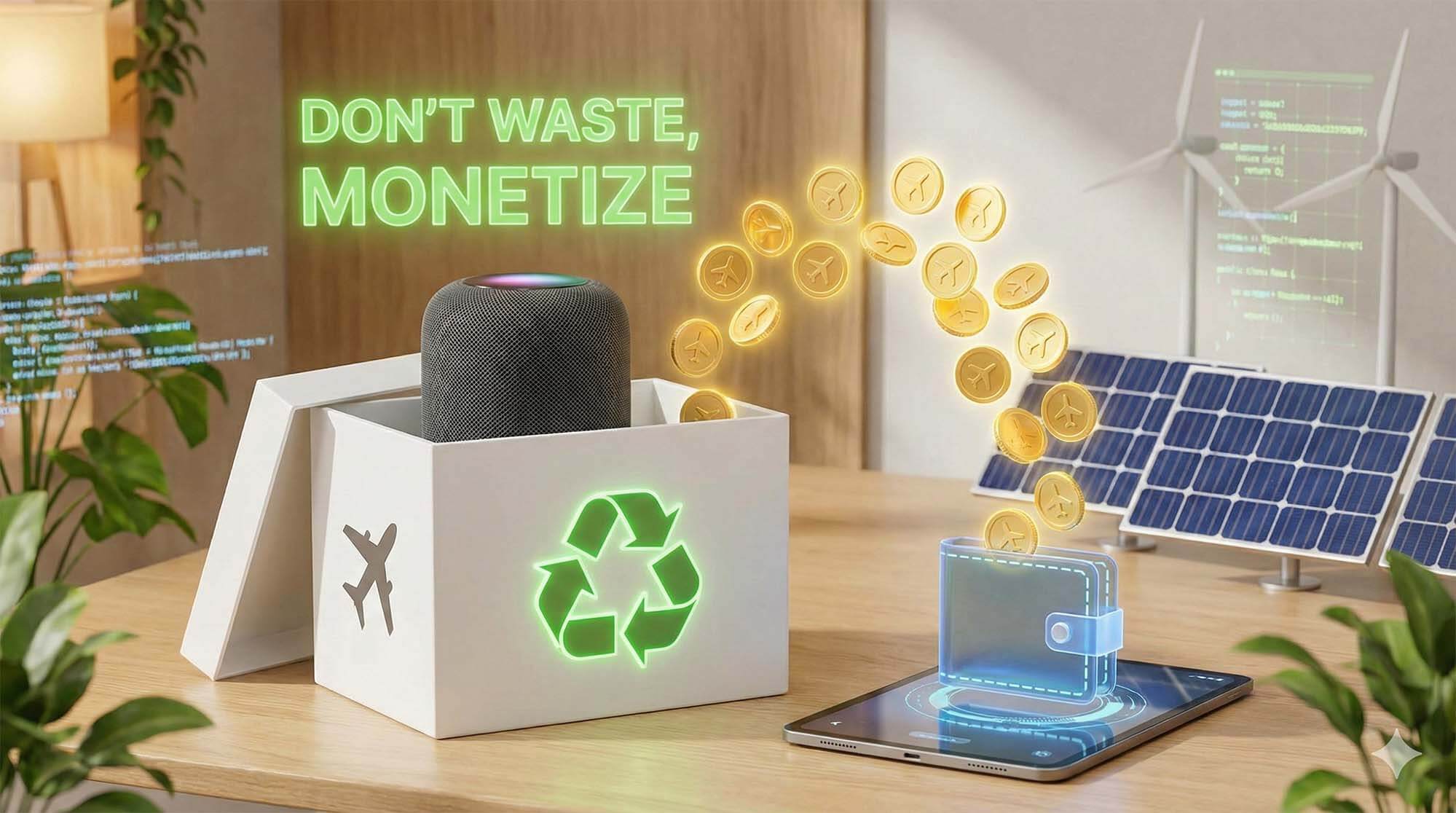 一個帶有綠色循環標誌的科技回收箱，裡面裝著 Apple HomePod，上方漂浮著代表哩程的數位代幣，象徵實體與虛擬資源的再生 / Tech recycling bin with green recycle symbol, containing Apple HomePod, floating digital tokens representing miles above, symbolizing regeneration of physical and virtual resources.